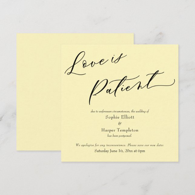 Love is Patient Pale Yellow Postponed Wedding Card (Front/Back)