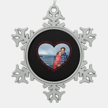 Love Is Patient Photo Heart Black & Red Snowflake Pewter Christmas Ornament by PawsitiveDesigns at Zazzle