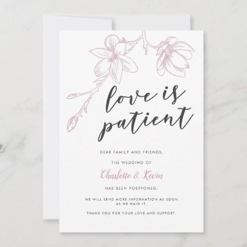 Love Is Patient Pink Floral Wedding Postponement Announcement