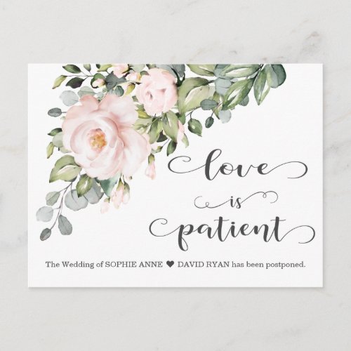 Love Is Patient Pink Flowers Wedding Postponed Postcard