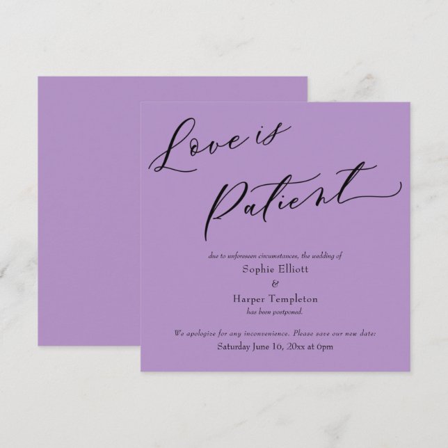 Love is Patient Purple Postponed Wedding Card (Front/Back)