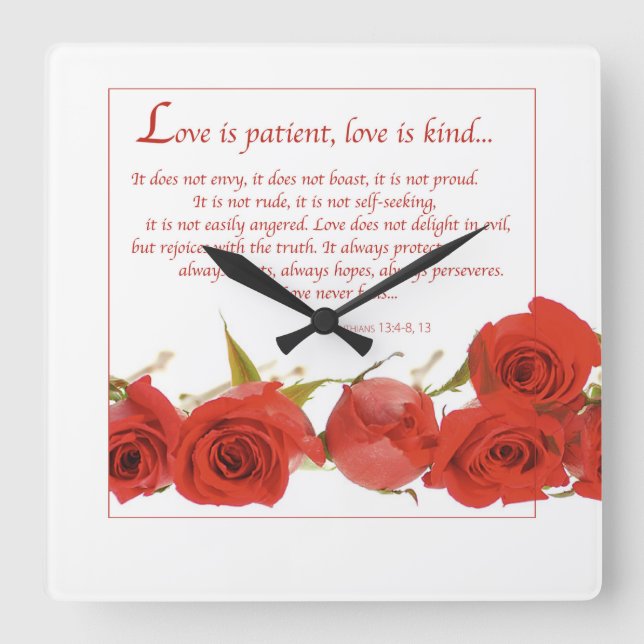 Love is Patient Red Rose Square Wall Clock (Front)