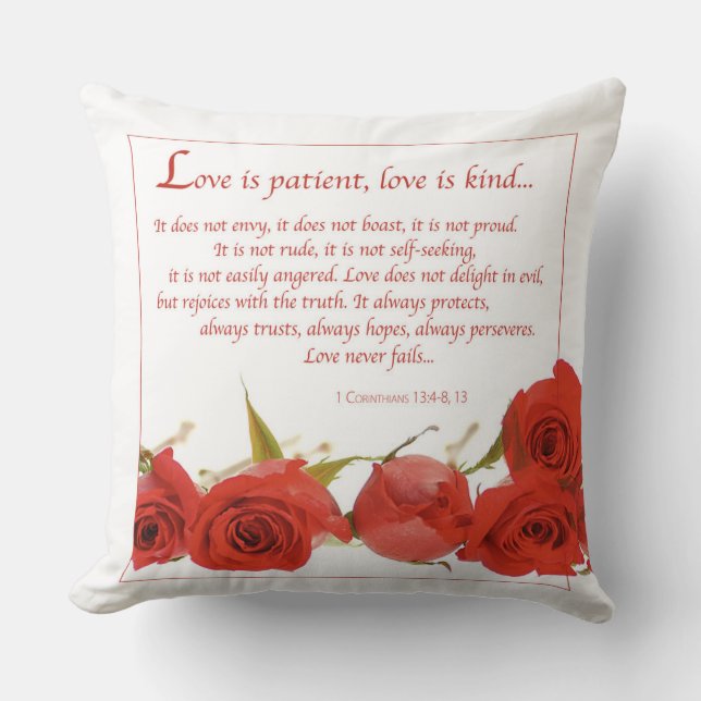Love is Patient Red Rose Throw Pillow (Front)