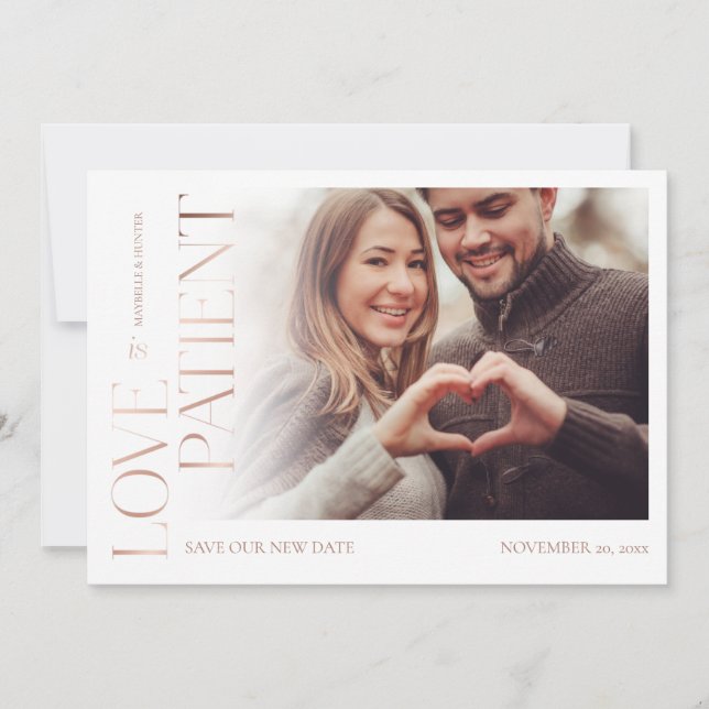 Love is Patient Rose Gold Burgundy Florals Photo Save The Date (Front)
