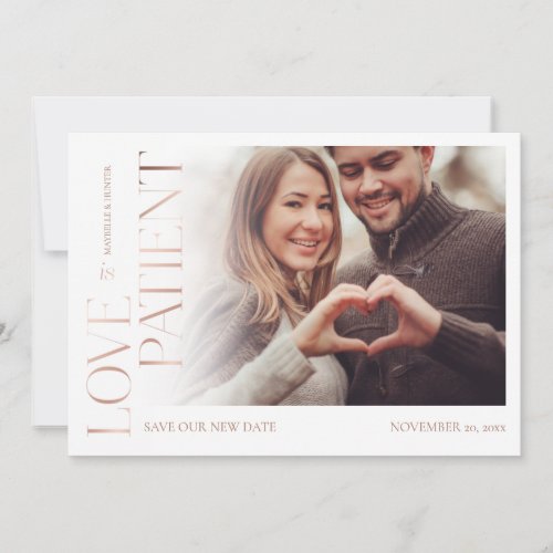 Love is Patient Rose Gold Burgundy Florals Photo Save The Date