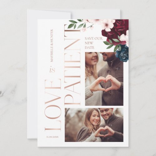 Love is Patient Rose Gold Burgundy Florals Photo Thank You Card