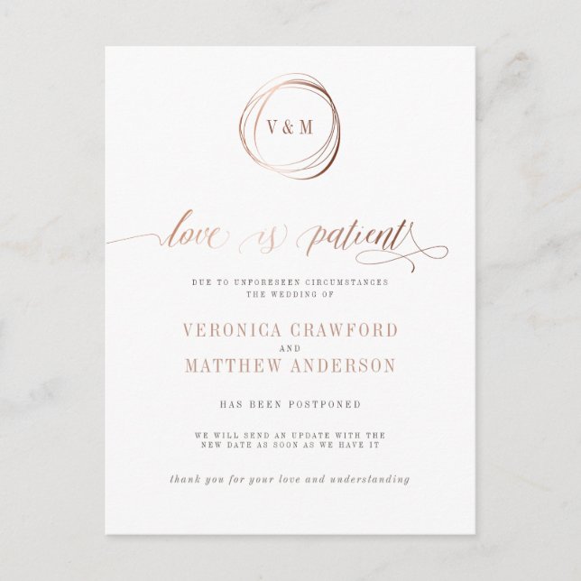 Love is Patient Rose Gold Wedding Change Of Plans Invitation Postcard (Front)