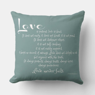 Love is Patient (scripture verse) white on blue Throw Pillow