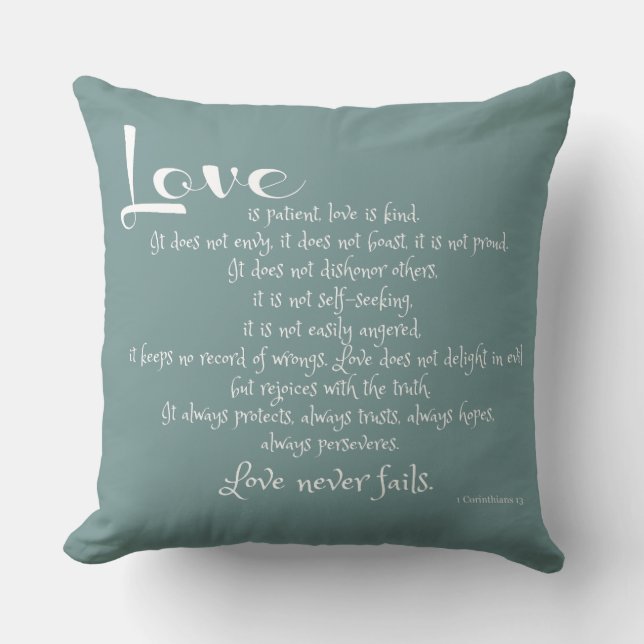 Love is Patient (scripture verse) white on blue Throw Pillow (Front)