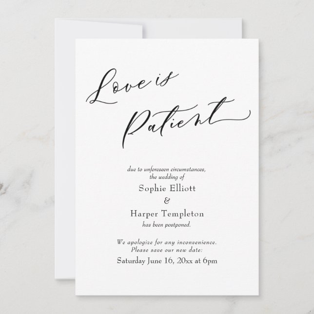Love is Patient Simple Postponed Wedding Card (Front)