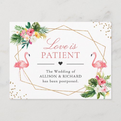Love is Patient Tropical Flamingo Wedding Save New Date Postcard