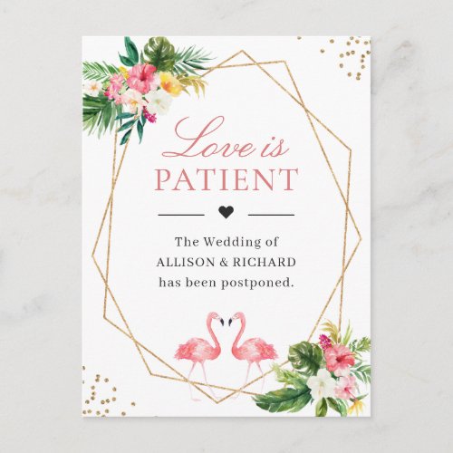 Love is Patient Tropical Floral Flamingo Geometric Change the Date Postcard