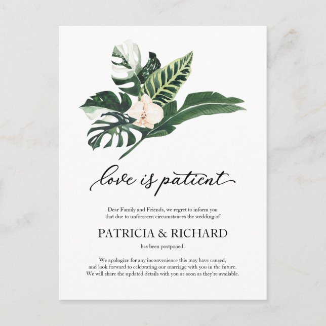 Love Is Patient Tropical Wedding Postponement Postcard (Front)