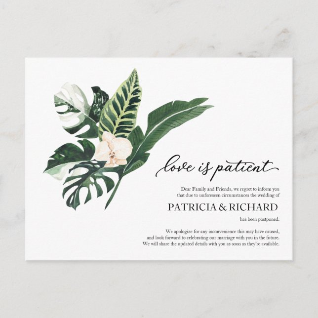 Love Is Patient Tropical Wedding Postponement Postcard (Front)