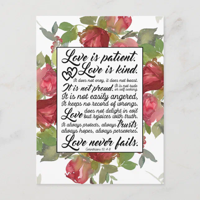 Love is Patient Wedding Congratulations Bible Postcard | Zazzle