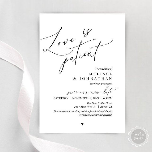 “Love Is Patient” Wedding Postpone Announcement (“Love Is Patient” Wedding Postpone Announcement, Change the date card in black and white)