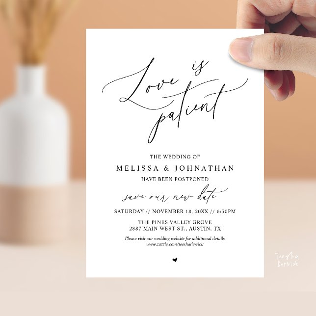 “Love Is Patient” Wedding Postpone Announcement (“Love Is Patient” Wedding Postpone Announcement Date Change Card in Black and White)