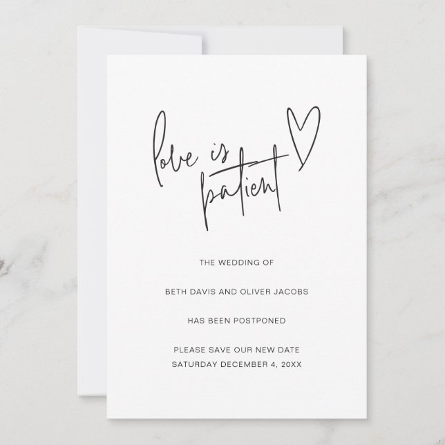 Love is Patient Wedding Postpone Simple Invitation (Front)