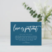 Love Is Patient Wedding Postponement Announcement Postcard (Standing Front)