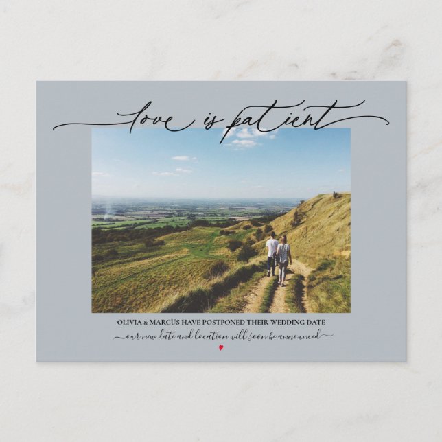 Love is Patient Wedding Postponement Dusty Blue Postcard (Front)