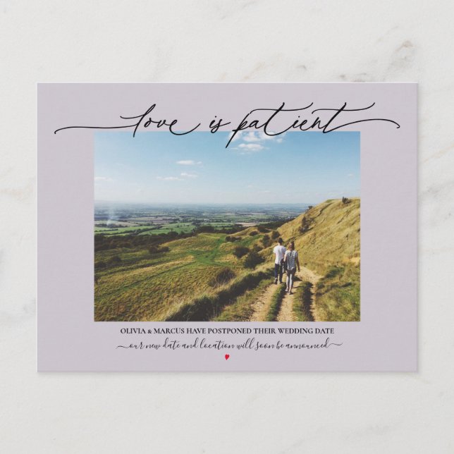 Love is Patient Wedding Postponement Dusty Plum Postcard (Front)