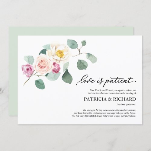 Love Is Patient Wedding Postponement Eucalyptus Invitation