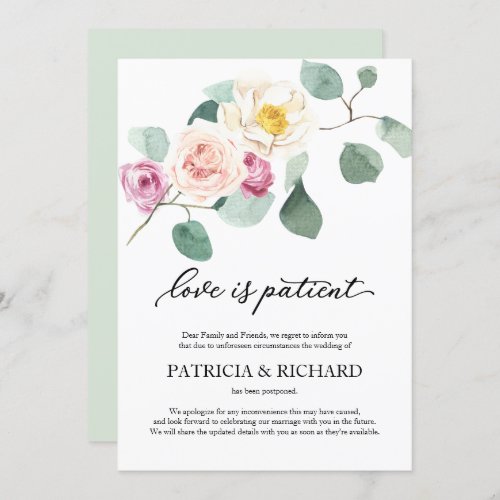 Love Is Patient Wedding Postponement Eucalyptus Invitation