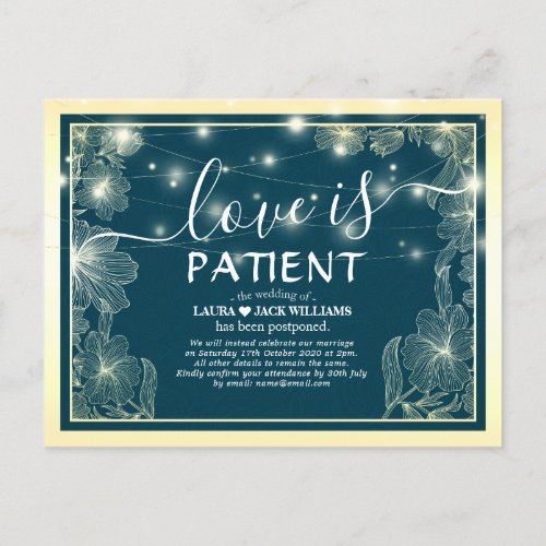 Love is Patient Wedding Postponement Gold Flowers Announcement Postcard