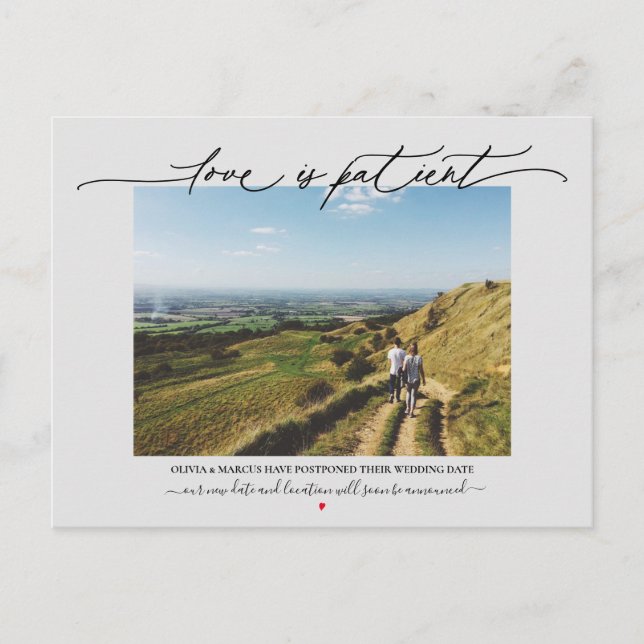 Love is Patient Wedding Postponement Gray Postcard (Front)