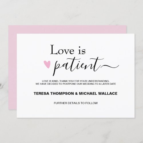 Love is Patient Wedding Postponement Pink Black Invitation