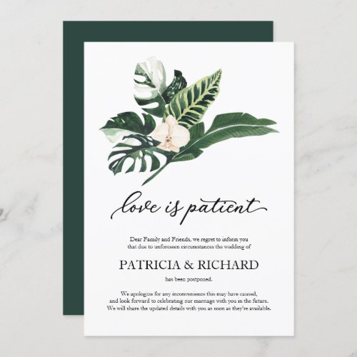 Love Is Patient Wedding Postponement Tropical Invitation