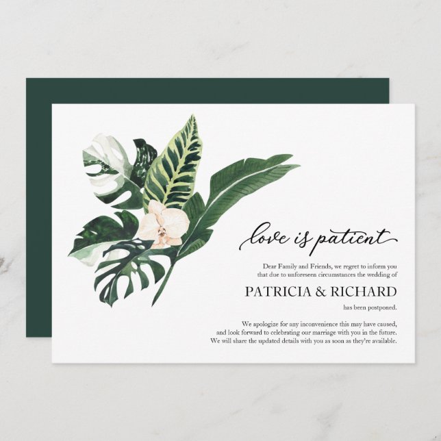 Love Is Patient Wedding Postponement Tropical Invitation (Front/Back)