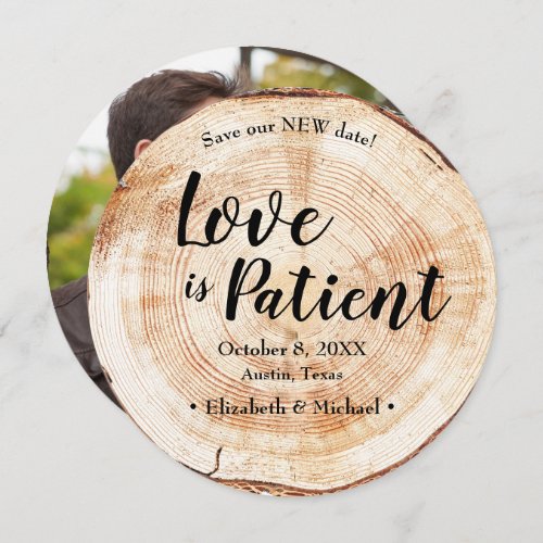 Love is patient wedding postponement Wood Photo Invitation