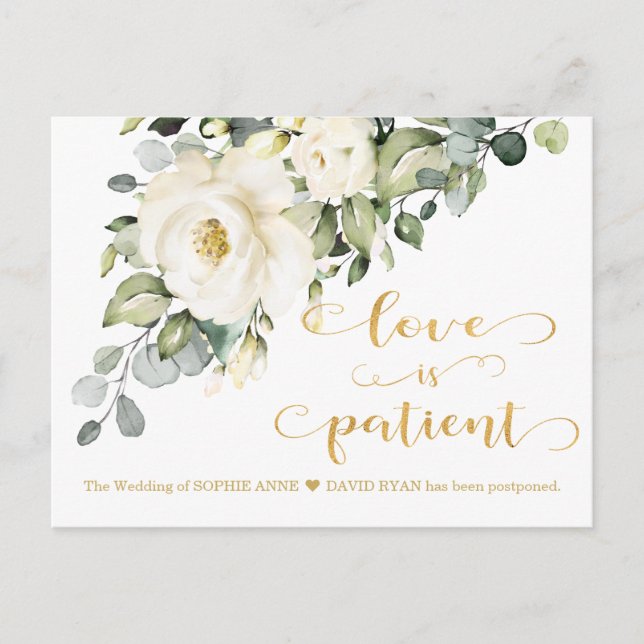 Love Is Patient White Floral Wedding Postponed Postcard (Front)