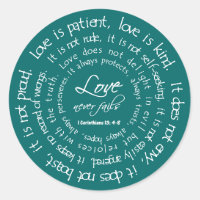 Love is Patient White on Teal Christian Wedding Classic Round Sticker