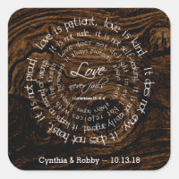 Love is Patient Wood Grain Circular Text Wedding Square Sticker