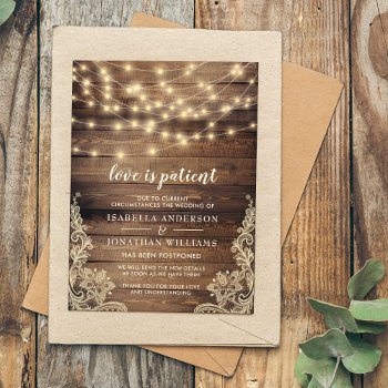 Love Is Patient Wood  String Lights & Lace Wedding Invitation Postcard by Cali_Graphics at Zazzle