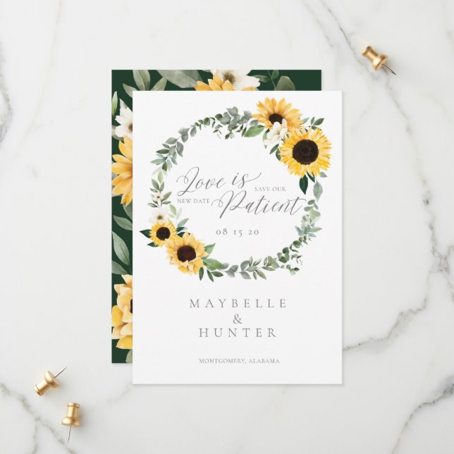 Love is Patient Yellow Watercolor Sunflower Wreath Save The Date (Front/Back In Situ)