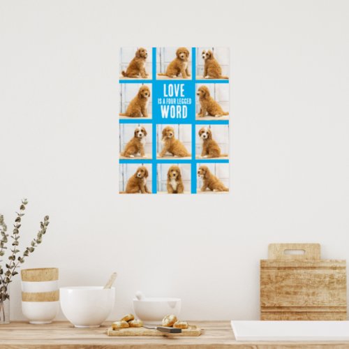 LOVE IS  Photo Collage Puppy on Blue Poster