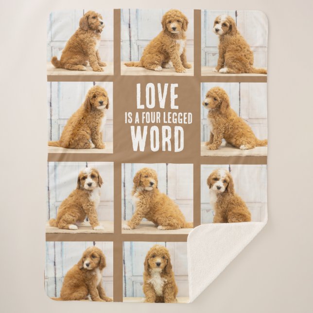 LOVE IS | Photo Collage Puppy on Brown  Sherpa Blanket (Front)
