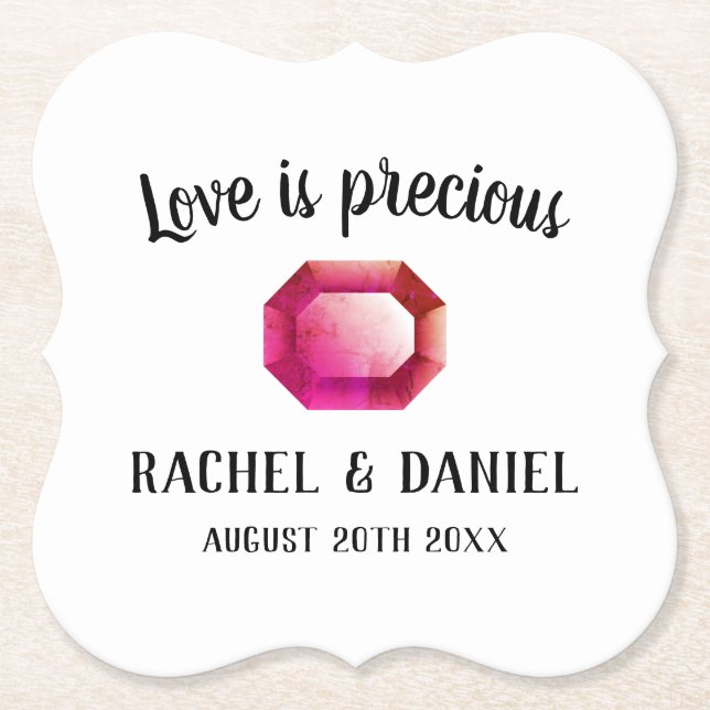 Love is precious pink gemstone wedding party paper coaster (Front)