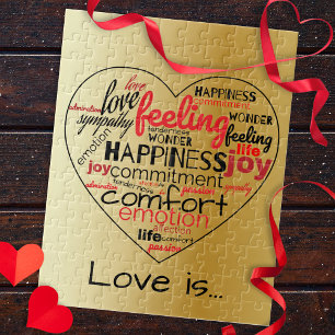  "Love Is" Romantic Heart Word Cloud Gold  Jigsaw Puzzle
