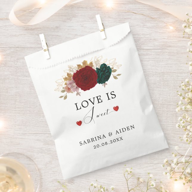 Love Is Sweet Autumnal Burgundy Emerald Floral  Favor Bag (Clipped)
