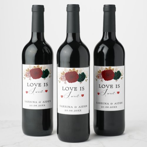 Love Is Sweet  Autumnal Burgundy Emerald Floral Wine Label