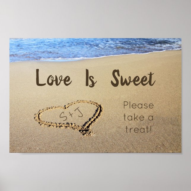 Love is Sweet Beach Wedding Initials in Sand Heart Poster (Front)