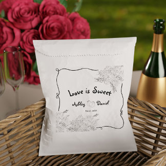 Love is Sweet Black and White Roses Doodle Wedding Favor Bag