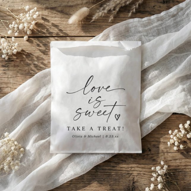 Love is Sweet Black and White Script Wedding Favor Bag (Modern handwriting wedding favor bag with elegant handwriting and heart - love is sweet.)