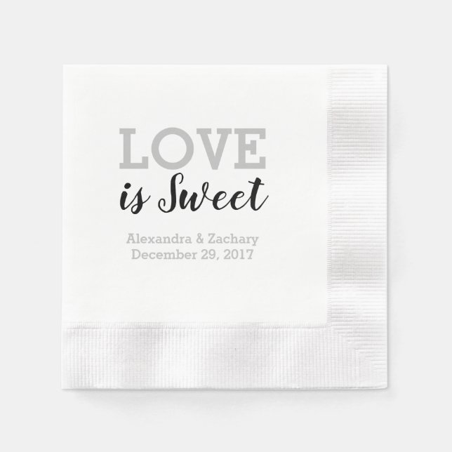 Love Is Sweet Black Silver Wedding Engagement Napkins (Front)
