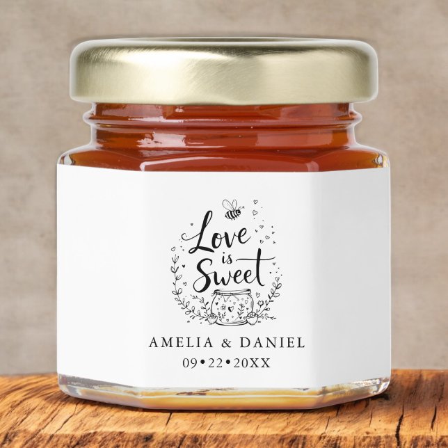 Love is Sweet Black White Minimalist Wedding Honey Jar Favors (Creator Uploaded)