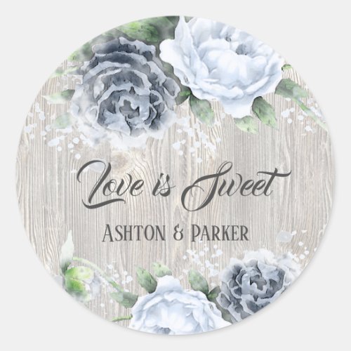 Love is Sweet Blue Watercolor Roses Wood Sticker